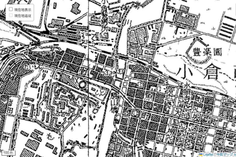 1950年頃に撮影された「小倉駅」周辺の地図（画像：国土地理院）