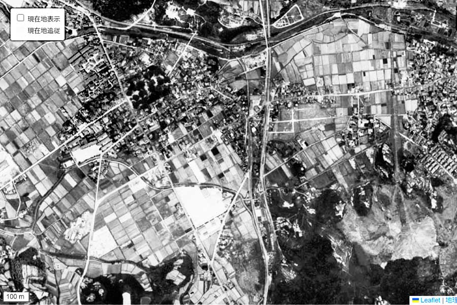 1963年頃に撮影された「宇美駅」周辺の航空写真（画像：国土地理院）