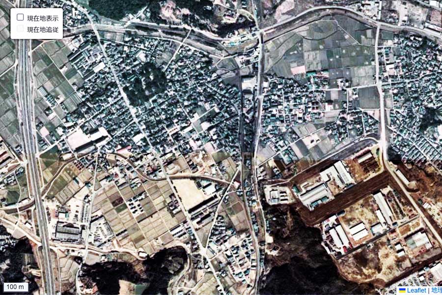 1975年頃に撮影された「宇美駅」周辺の航空写真（画像：国土地理院）