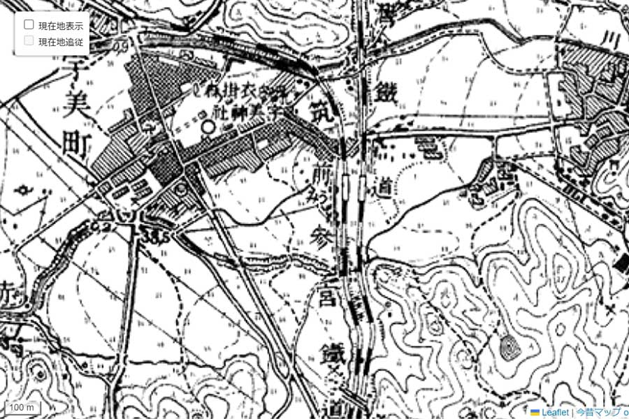 1930年頃に撮影された「宇美駅」周辺の地図（画像：国土地理院）