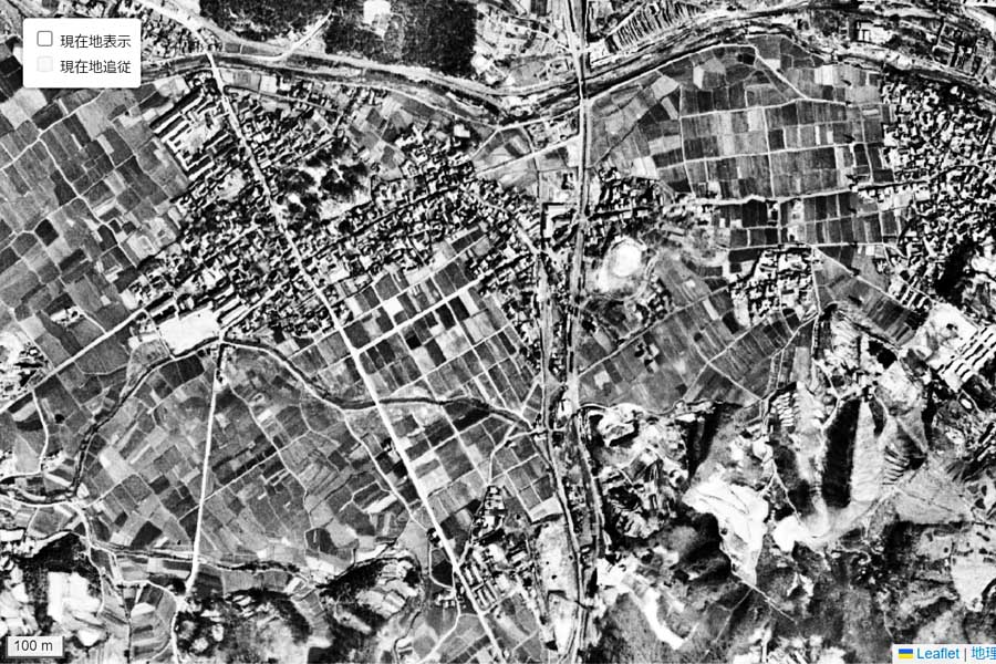 1947年頃に撮影された「宇美駅」周辺の航空写真（画像：国土地理院）