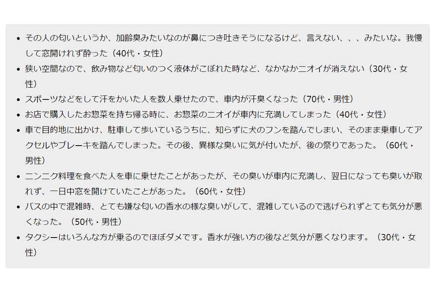 全国の男女1934人を対象に実施されたクルマの臭いトラブルについてのアンケート結果（画像：日本トレンドリサーチ）