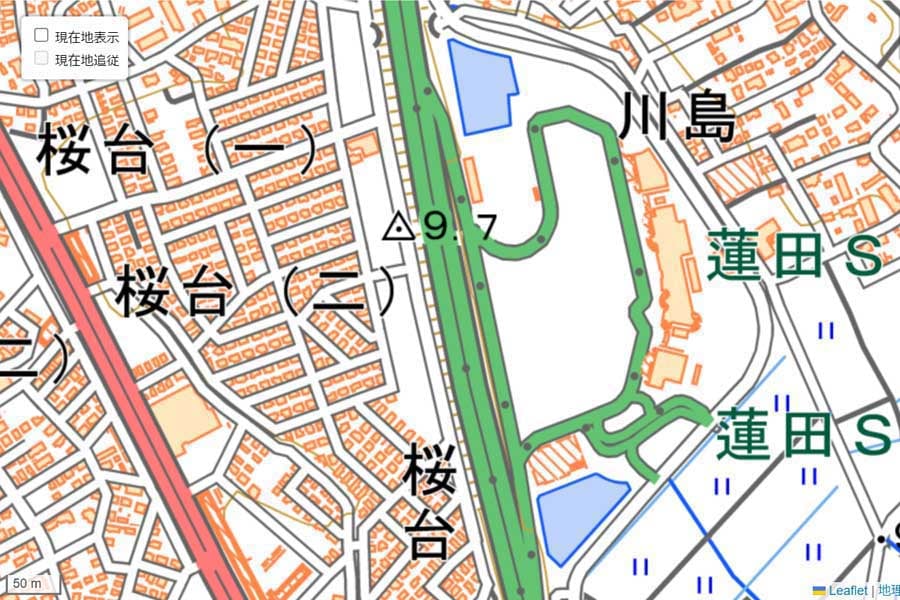 現在の「蓮田サービスエリア」周辺の地図（画像：国土地理院）