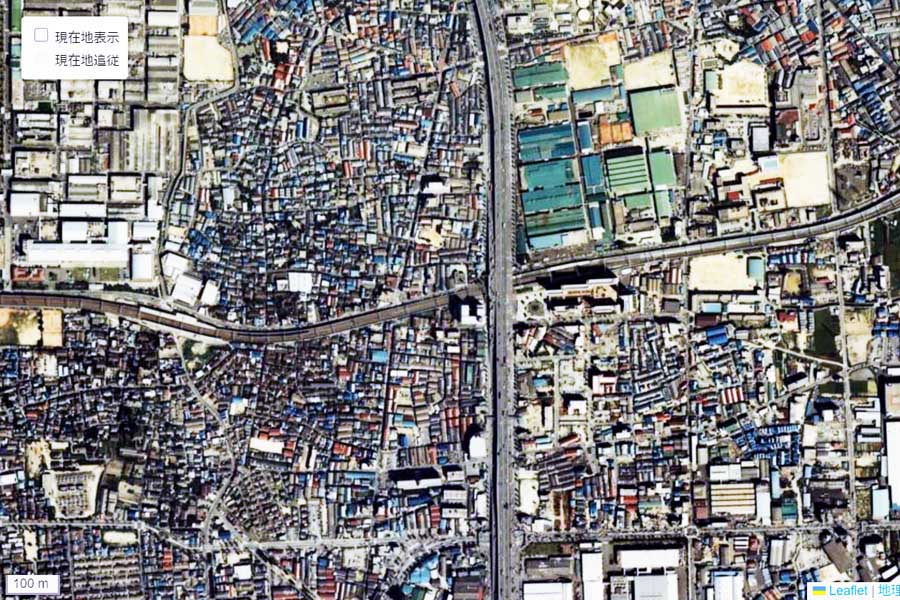 1980年頃に撮影された「門真市駅」周辺の航空写真（画像：国土地理院）