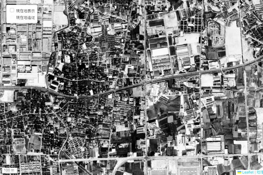 1963年頃に撮影された「門真市駅」周辺の航空写真（画像：国土地理院）