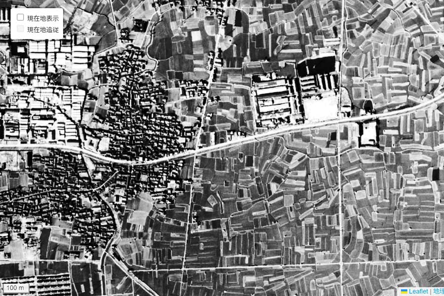 1947年頃に撮影された「門真市駅」周辺の航空写真（画像：国土地理院）