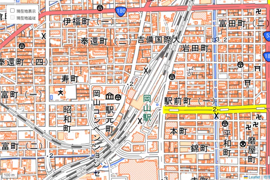 現在の「岡山駅」周辺の地図（画像：国土地理院）