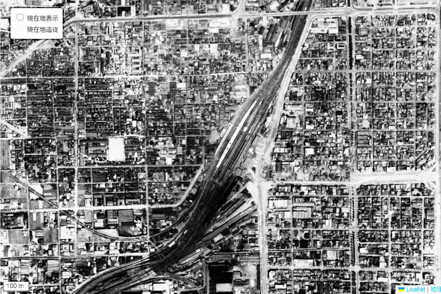 1963年頃に撮影された「岡山駅」周辺の航空写真（画像：国土地理院）