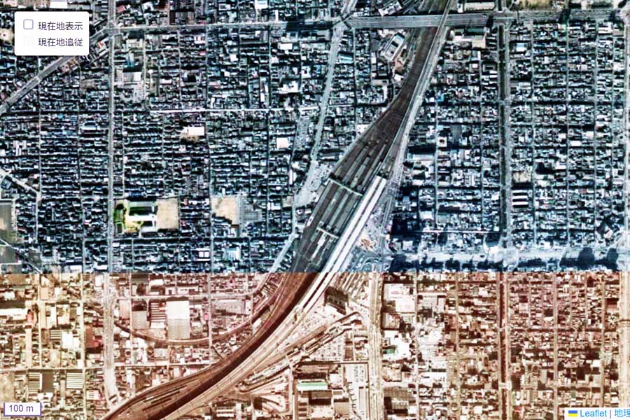 1975年頃に撮影された「岡山駅」周辺の航空写真（画像：国土地理院）