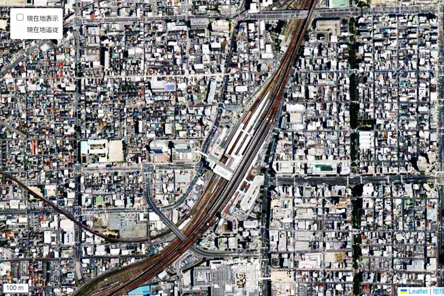 現在の「岡山駅」周辺の航空写真（画像：国土地理院）