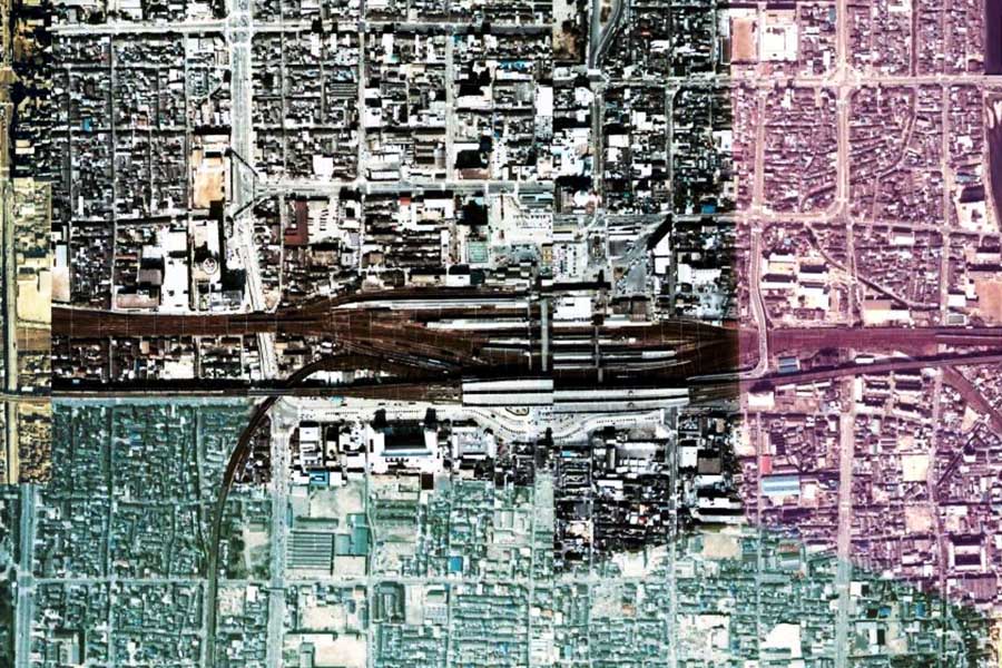 1980年頃の京都駅周辺の航空写真（画像：国土地理院）