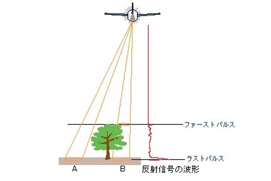 レーザー光の樹木や地表面での反射の様子（画像：国土地理院）