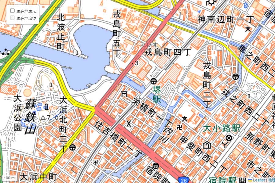 現在の「堺駅」周辺の地図（画像：国土地理院）