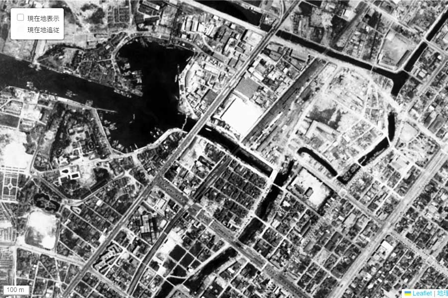 1963年頃に撮影された「堺駅」周辺の航空写真（画像：国土地理院）