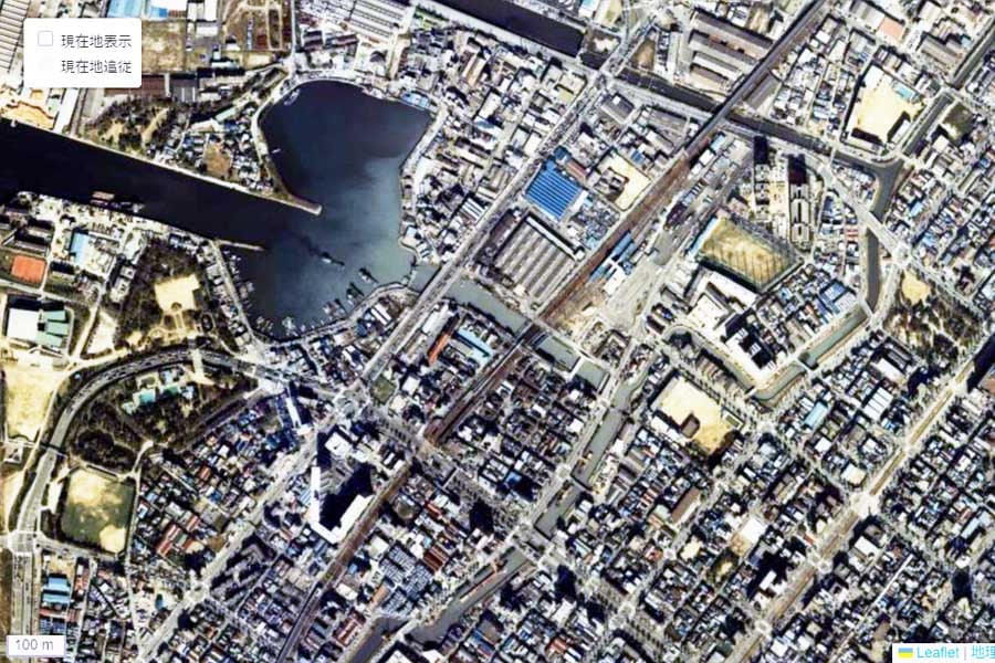 1980年頃に撮影された「堺駅」周辺の航空写真（画像：国土地理院）