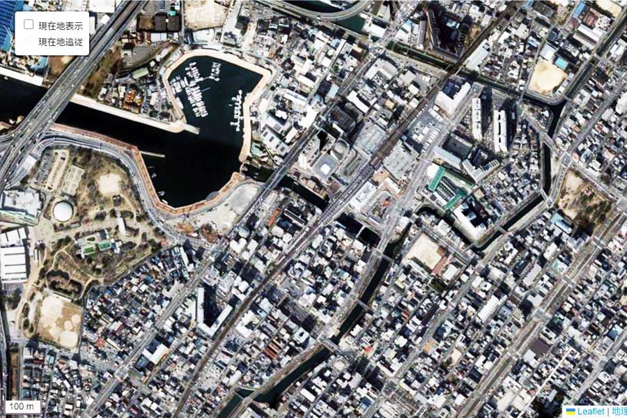 現在の「堺駅」周辺の航空写真（画像：国土地理院）