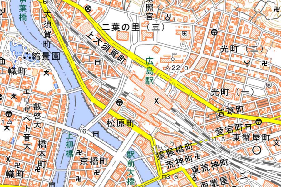 現在の広島駅周辺の地図（画像：国土地理院）