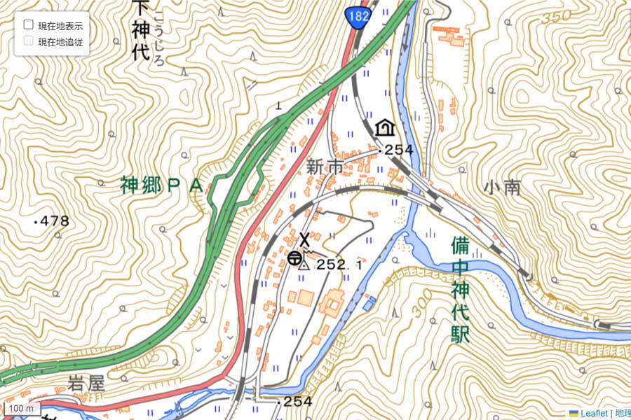 現在の備中神代駅周辺の地図（画像：国土地理院）