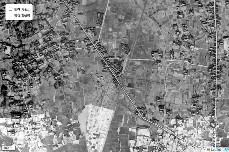 1947年頃に撮影された「竹ノ塚駅」周辺の航空写真（画像：国土地理院）