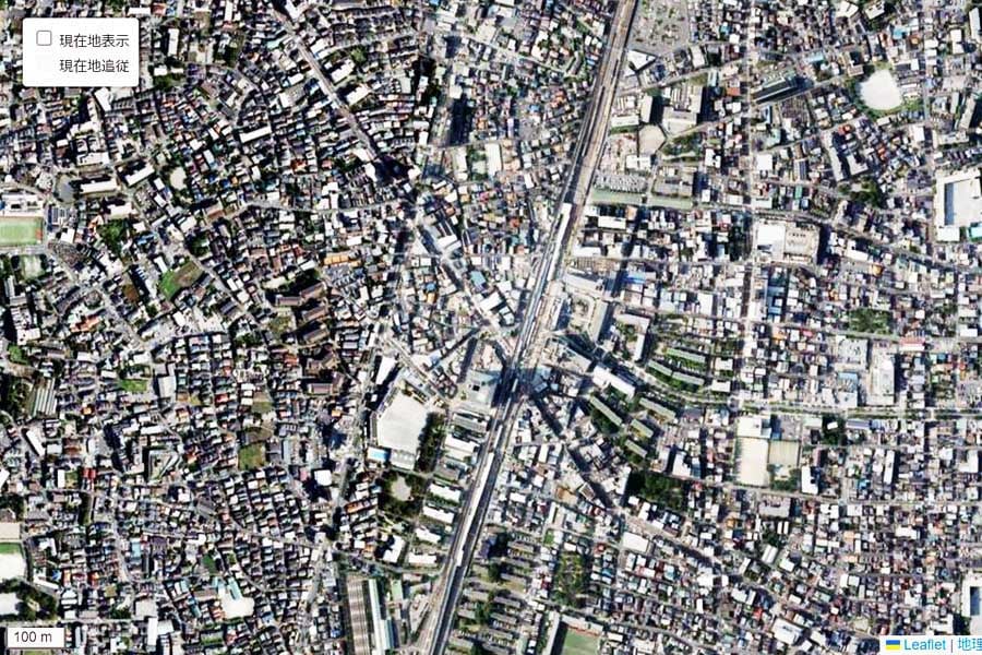 現在の「竹ノ塚駅」周辺の航空写真（画像：国土地理院）