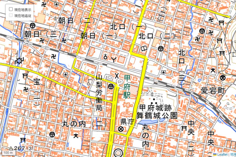 現在の「甲府駅」周辺の地図（画像：国土地理院）