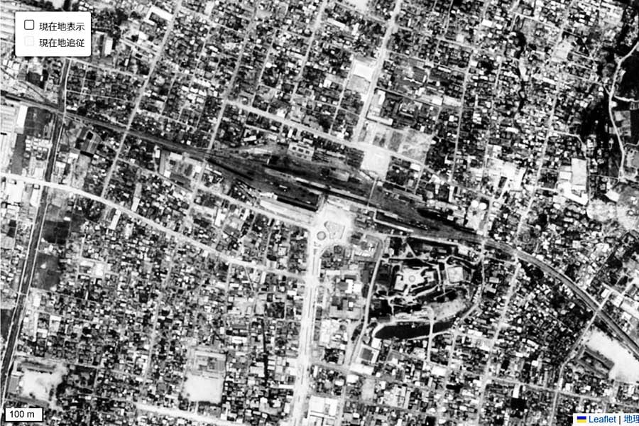 1963年頃に撮影された「甲府駅」周辺の航空写真（画像：国土地理院）