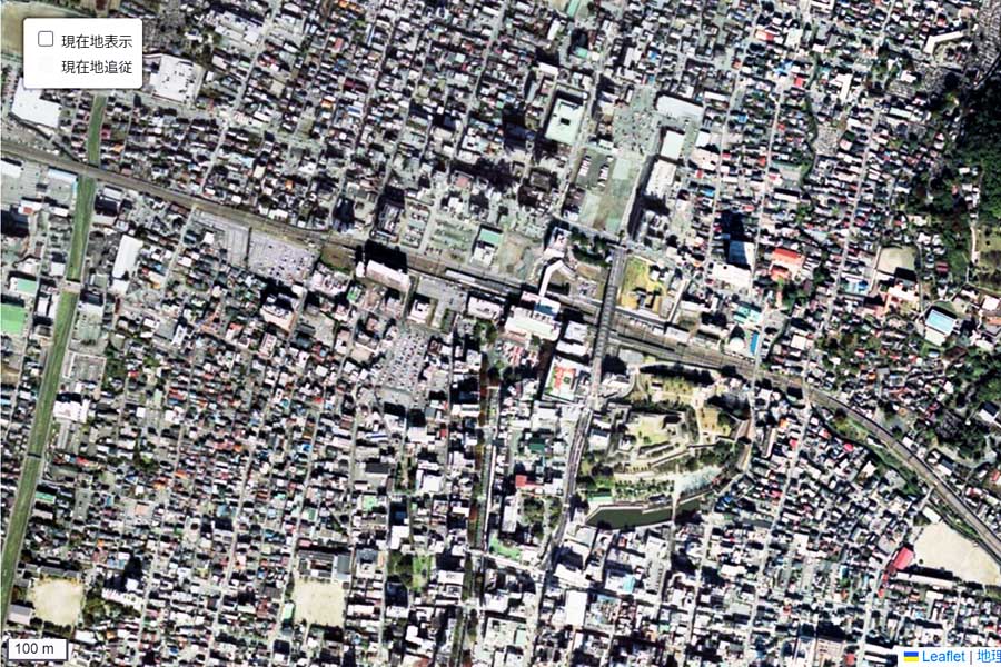 現在の「甲府駅」周辺の航空写真（画像：国土地理院）