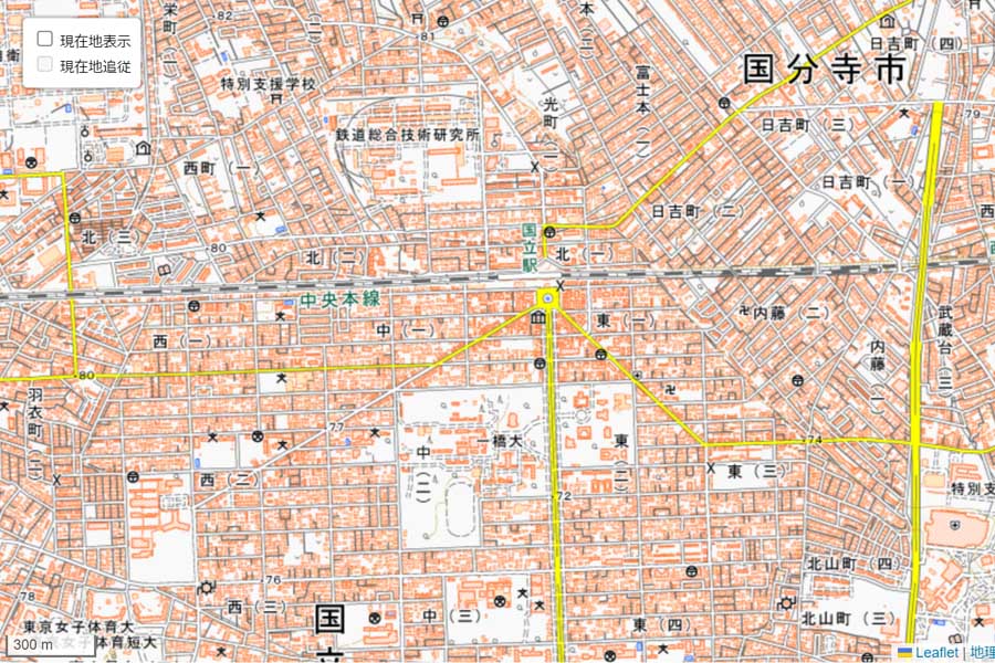 現在の「国立駅」周辺の地図（画像：国土地理院）