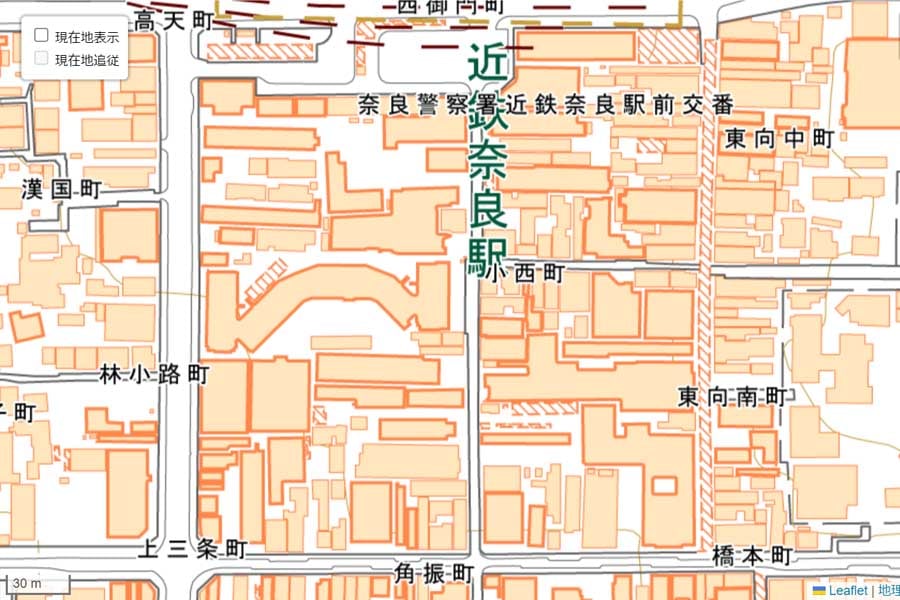 現在の「近鉄奈良駅」周辺の地図（画像：国土地理院）