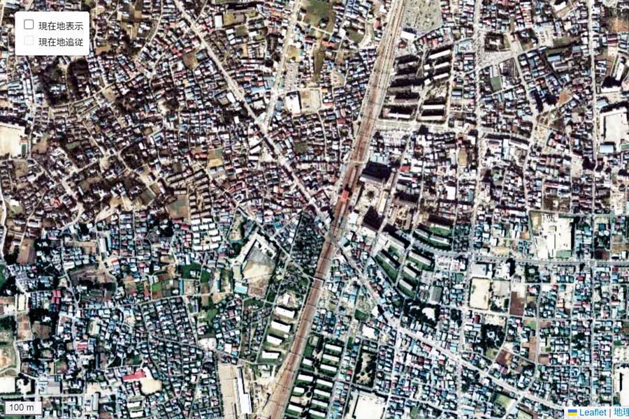 1980年頃に撮影された「竹ノ塚駅」周辺の航空写真（画像：国土地理院）