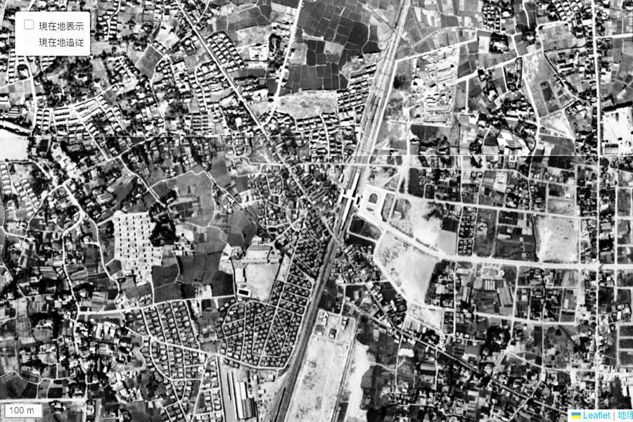 1963年頃に撮影された「竹ノ塚駅」周辺の航空写真（画像：国土地理院）