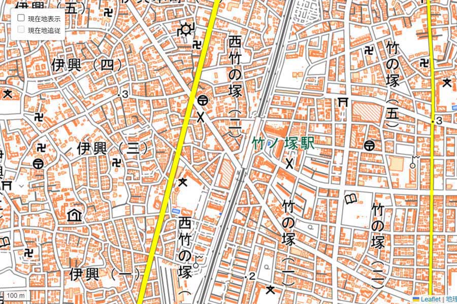 現在の「竹ノ塚駅」周辺の地図。人気番組『月曜から夜ふかし』でおなじみの場所（画像：国土地理院）