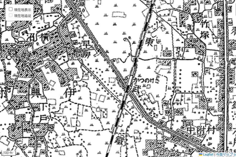 1920年頃に撮影された「竹ノ塚駅」周辺の地図。人気番組『月曜から夜ふかし』でおなじみの場所（画像：国土地理院）