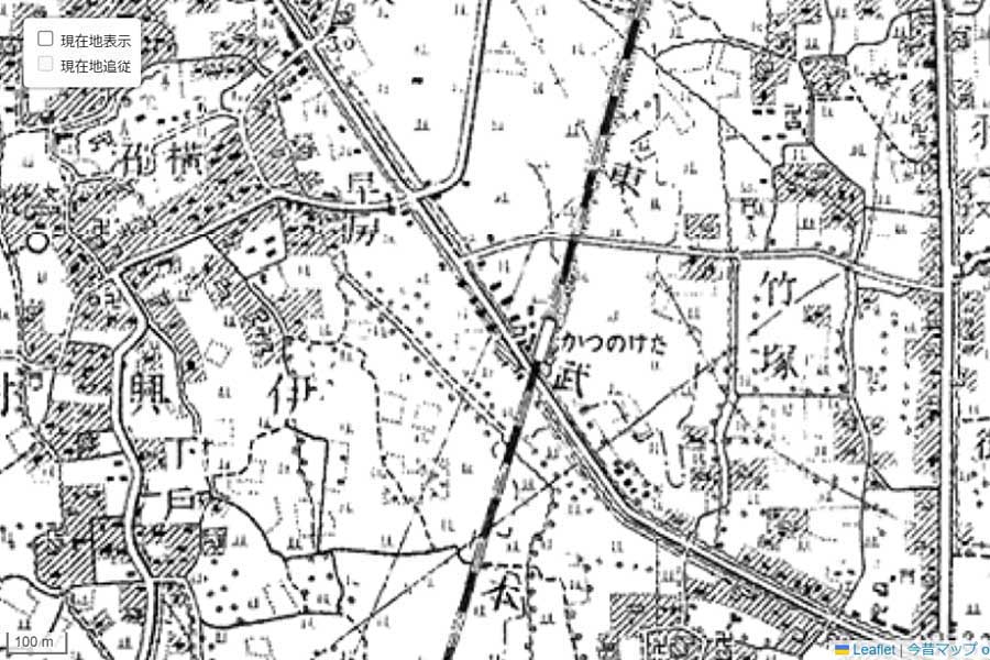 1930年頃に撮影された「竹ノ塚駅」周辺の地図。人気番組『月曜から夜ふかし』でおなじみの場所（画像：国土地理院）
