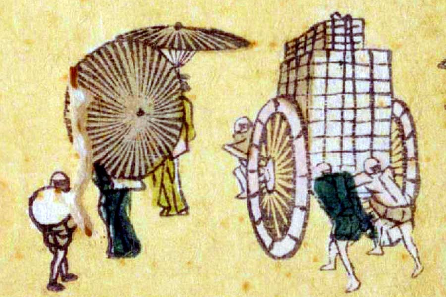 葛飾北斎画『くだんうしがふち』には、九段坂（現在の千代田区九段下辺り）で荷車を押す男たちの姿がある（画像：ColBase）