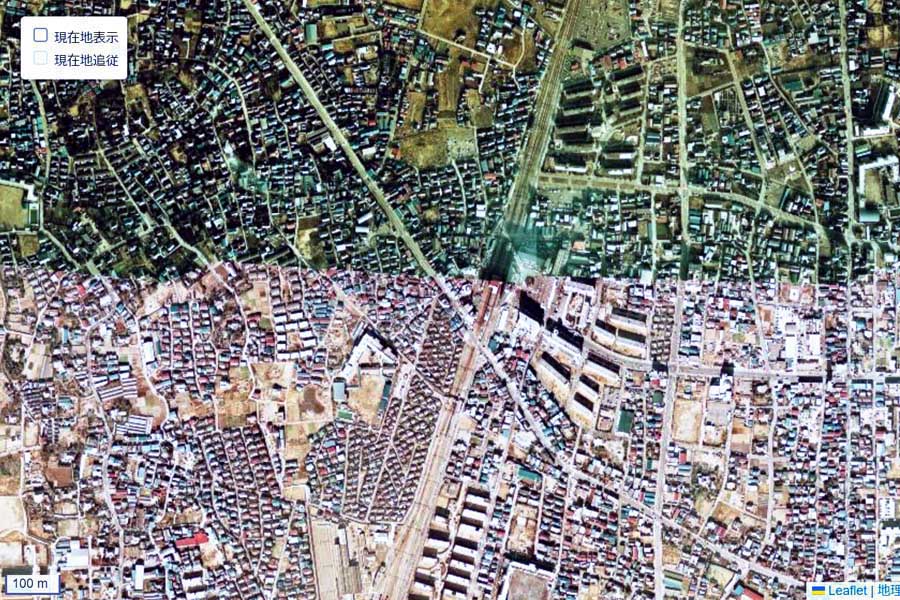 1975年頃に撮影された「竹ノ塚駅」周辺の航空写真（画像：国土地理院）