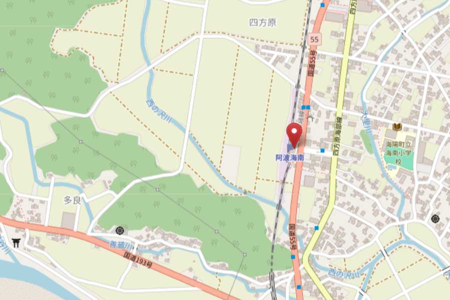 阿波海南駅の位置（画像：OpenStreetMap）