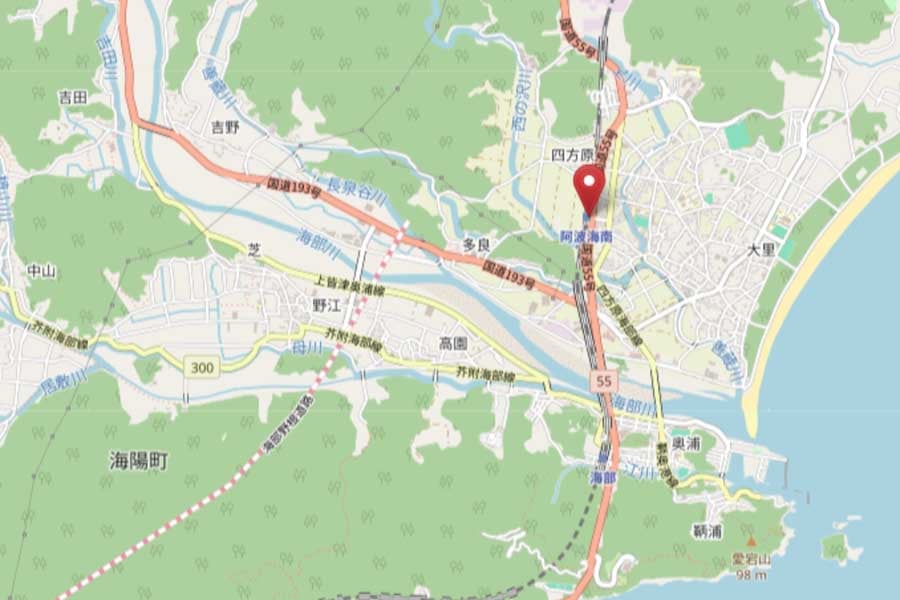 阿波海南駅の位置（画像：OpenStreetMap）