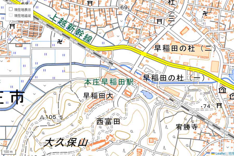 現在の「本庄早稲田駅」周辺の地図（画像：国土地理院）