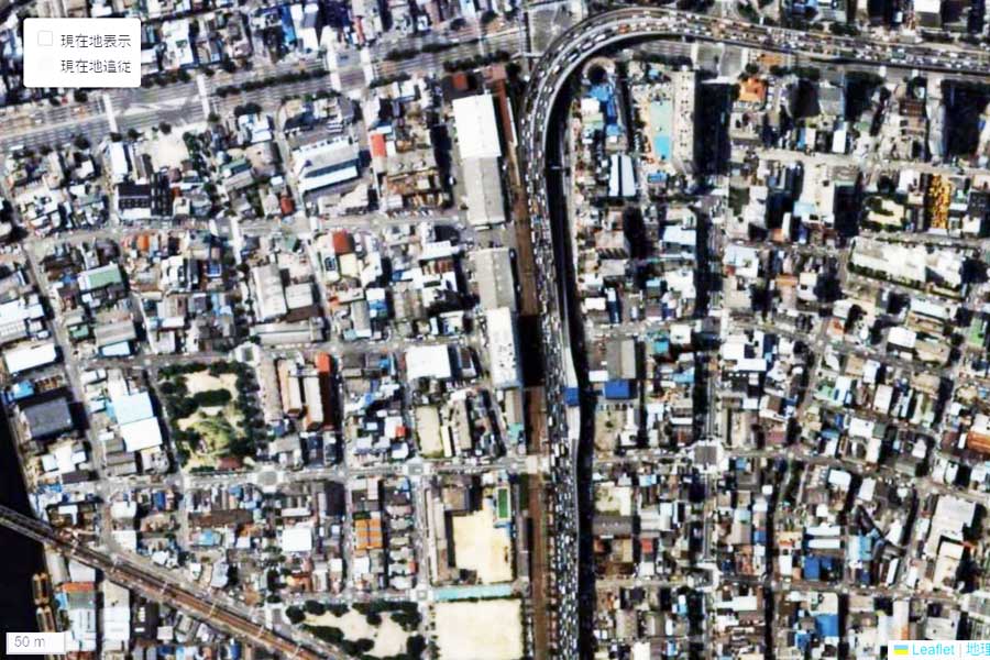 1985年頃に撮影された「汐見橋駅」周辺の航空写真（画像：国土地理院）
