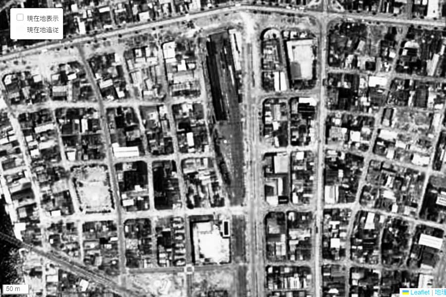 1963年頃に撮影された「汐見橋駅」周辺の航空写真（画像：国土地理院）