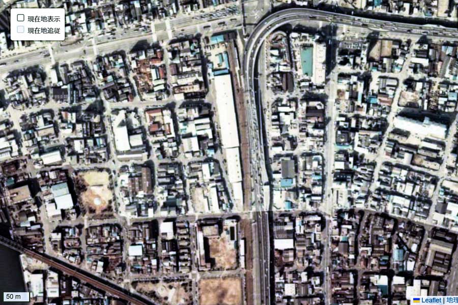 1975年頃に撮影された「汐見橋駅」周辺の航空写真（画像：国土地理院）