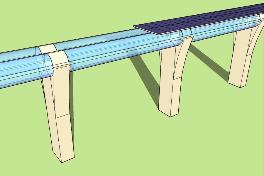 イーロン・マスクが説明したハイパーループ・システムの模型。パイロン上のチューブとソーラーパネルの配置例（画像：編集1306）