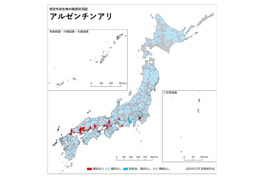 アルゼンチンアリの分布状況（画像：国立環境研究所）