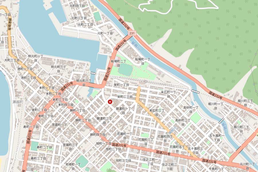 現在の留萌市市街地の地図（画像：国土地理院）