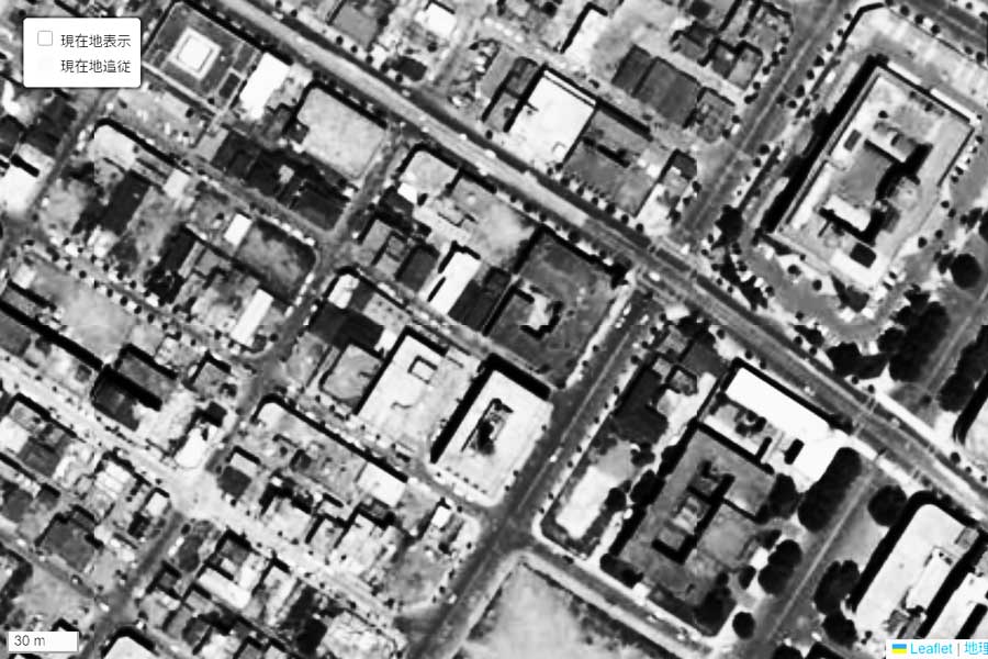 1963年頃に撮影された「岡倉天心の生誕之地」周辺の航空写真（画像：国土地理院）