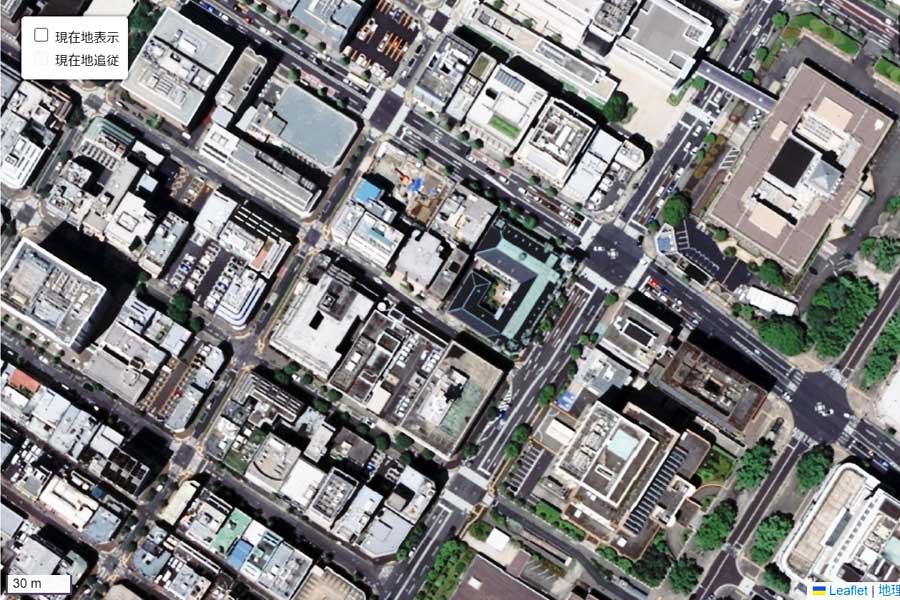 現在の「岡倉天心の生誕之地」周辺の航空写真（画像：国土地理院）