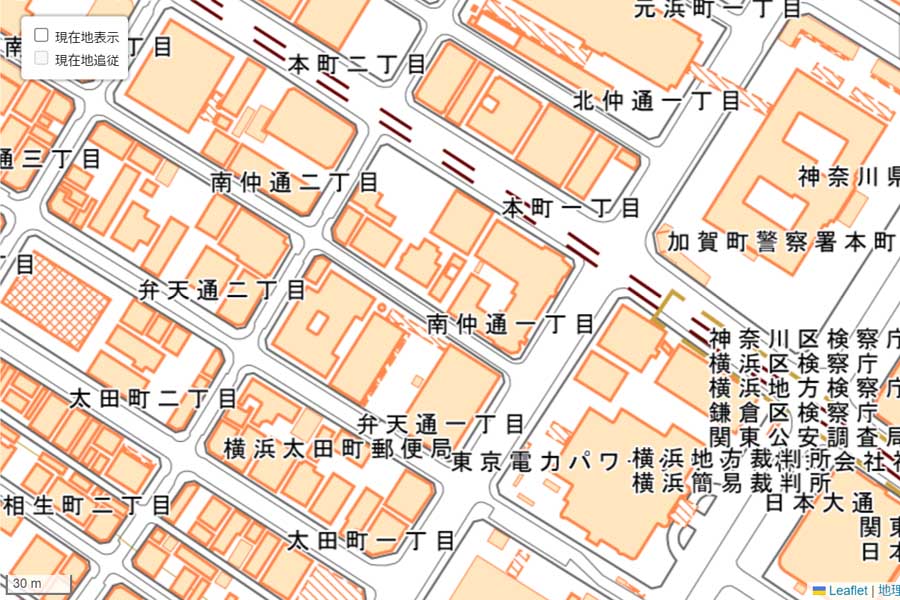 現在の「岡倉天心の生誕之地」周辺の地図（画像：国土地理院）