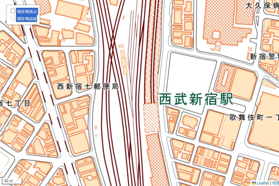 現在の「西武新宿駅」周辺の地図（画像：国土地理院）