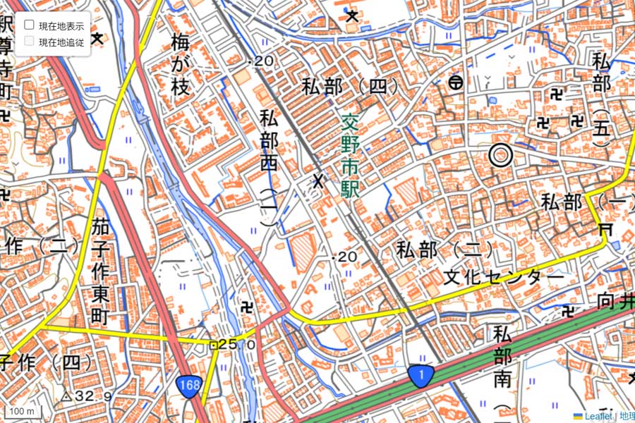 現在の「交野市駅」周辺の地図（画像：国土地理院）
